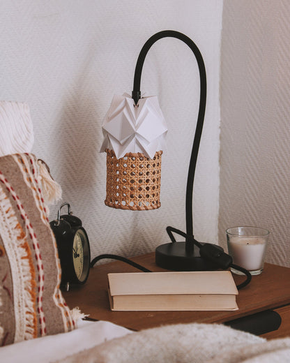 Table Lamp KIKYO with flexible cable and small lampshade ORI in paper and rattan 