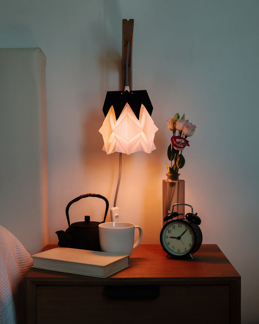 Origami Wall Lighting Fixture - Wooden Bracket With Small Bicolore Paper Pendant Light