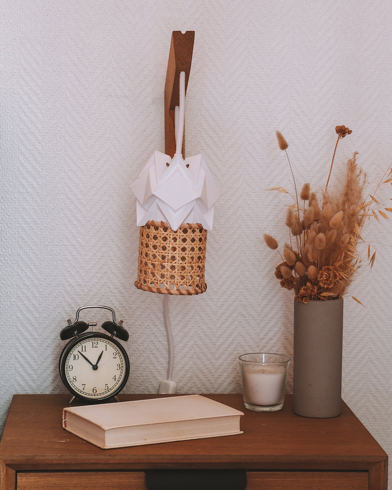 Wooden wall light and small pendant light in Paper and Rattan Canework