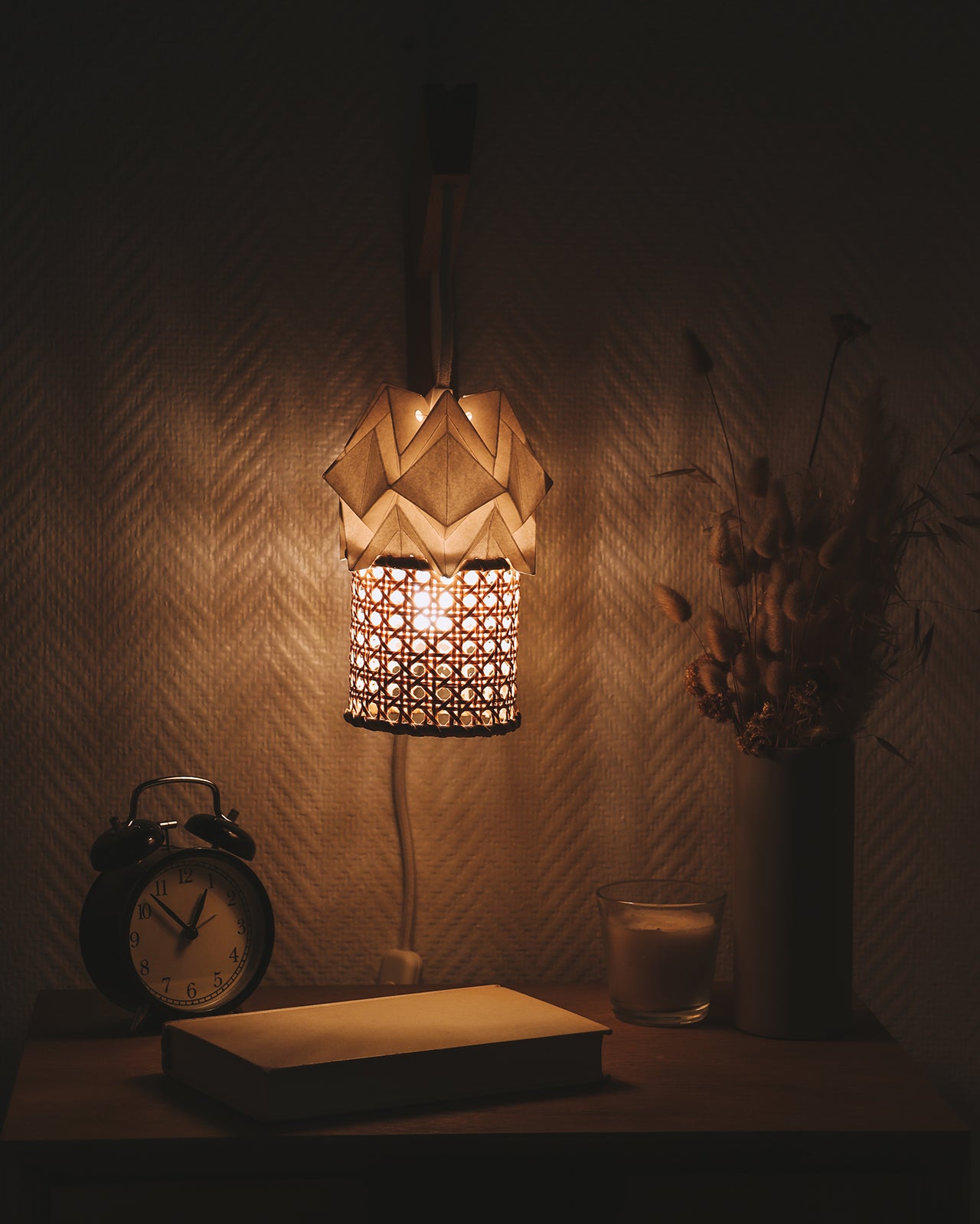 Wooden wall light and small pendant light in Paper and Rattan Canework