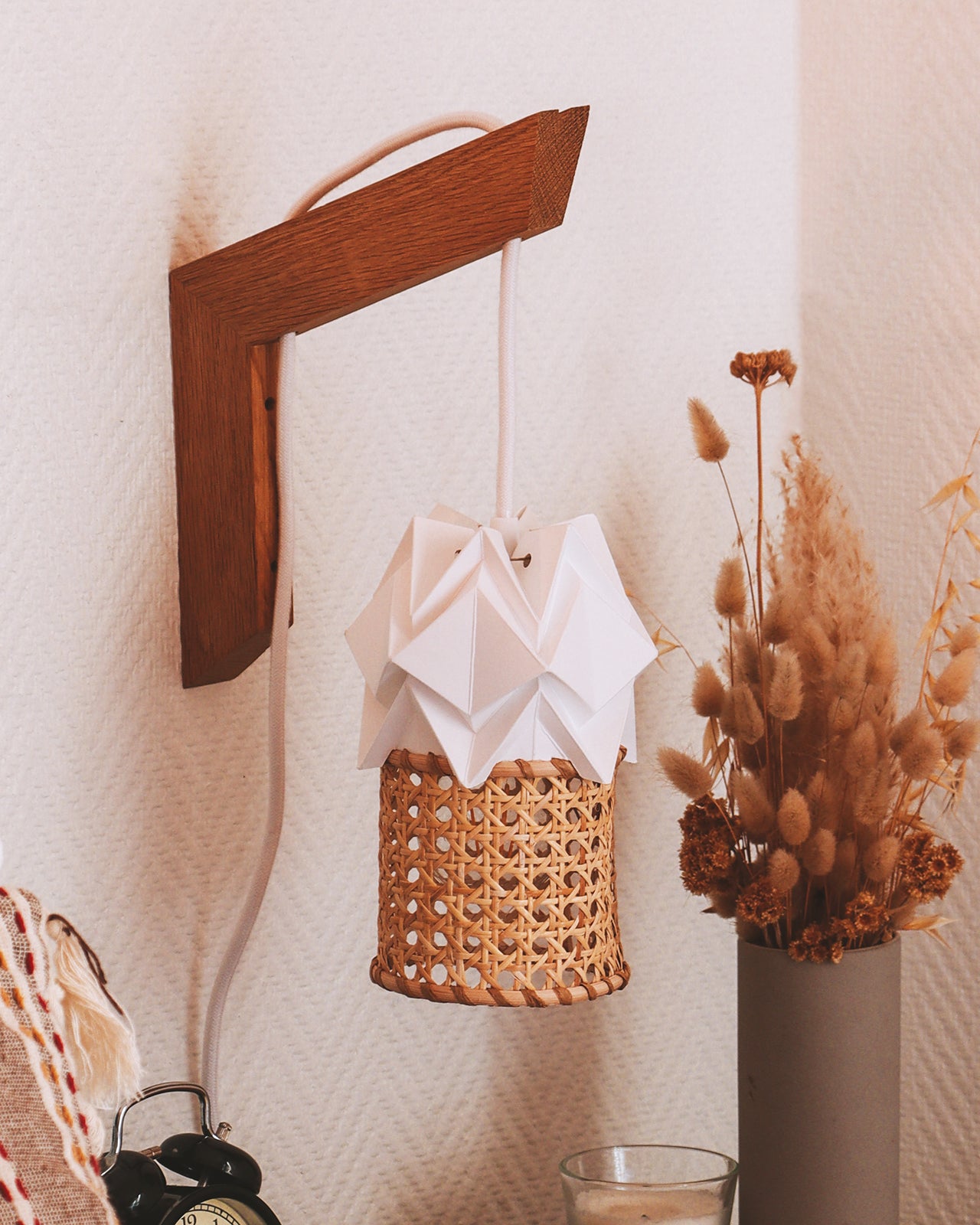 Wooden wall light and small pendant light in Paper and Rattan Canework