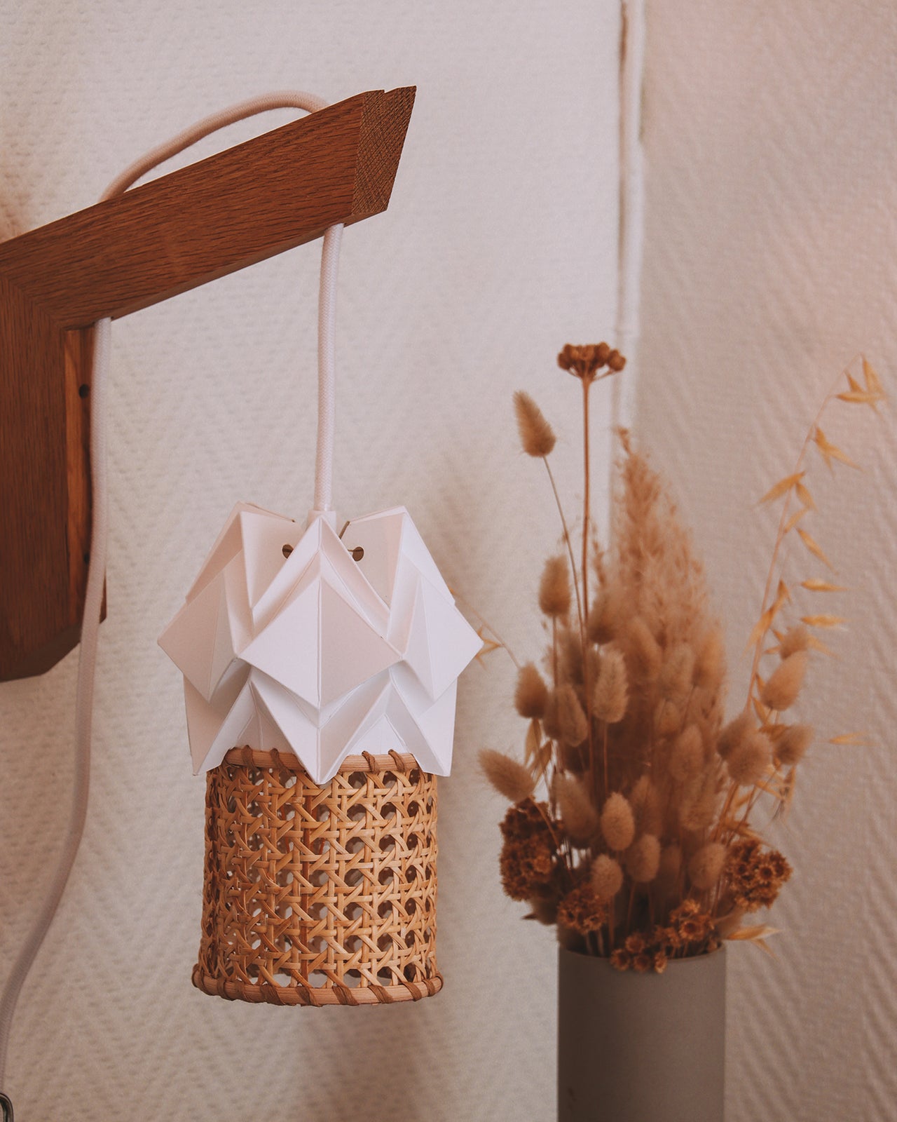 Wooden wall light and small pendant light in Paper and Rattan Canework