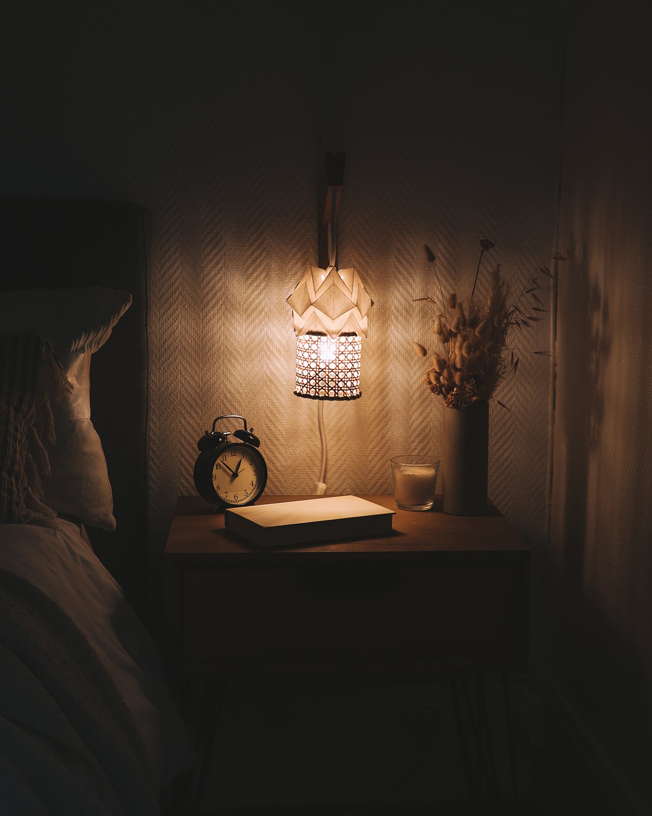 Wooden wall light and small pendant light in Paper and Rattan Canework