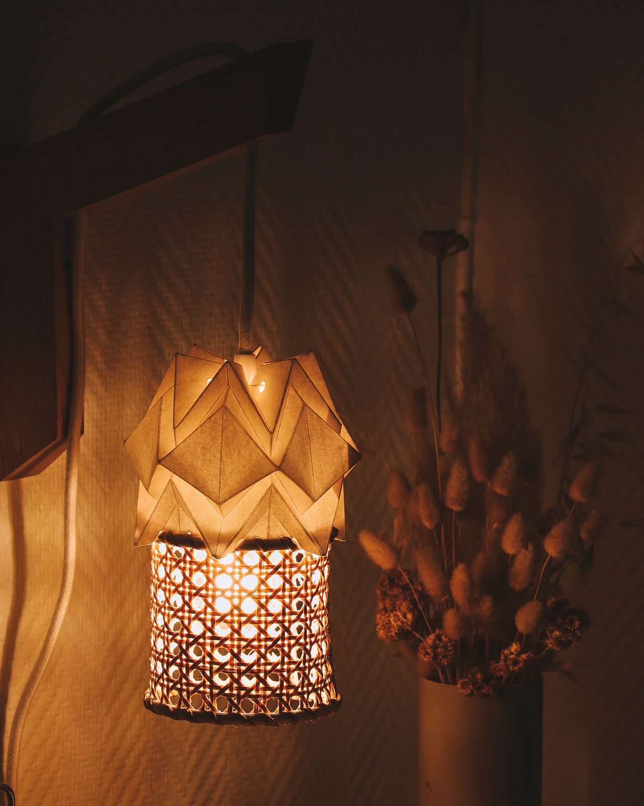 Wooden wall light and small pendant light in Paper and Rattan Canework