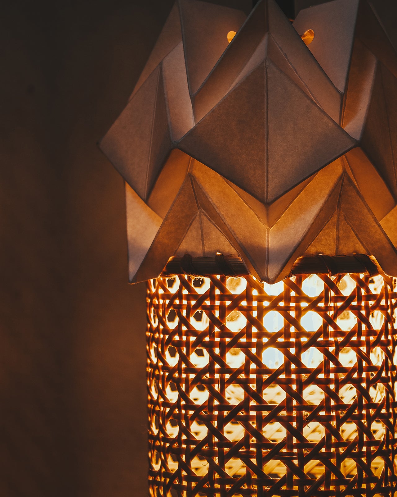 Wooden wall light and small pendant light in Paper and Rattan Canework
