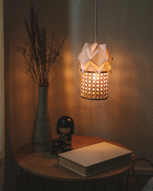 Small ORI pendant light in origami and canework in rattan