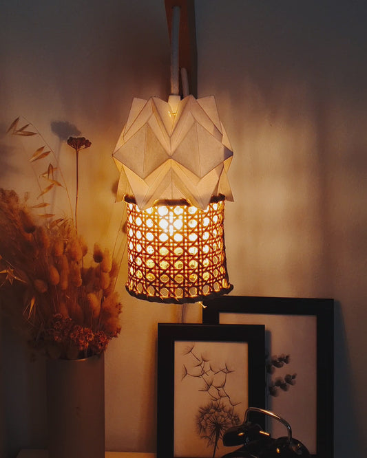 Wooden wall light and small pendant light in Paper and Rattan Canework