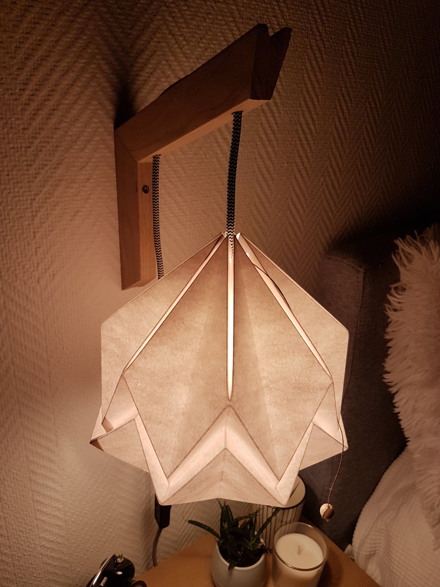 Origami Wall Lighting Fixture - Wooden Bracket With Paper Pendant Light