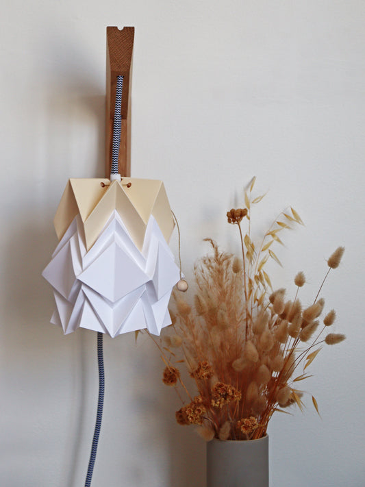 Origami Wall Lighting Fixture - Wooden Bracket With Small Bicolore Paper Pendant Light