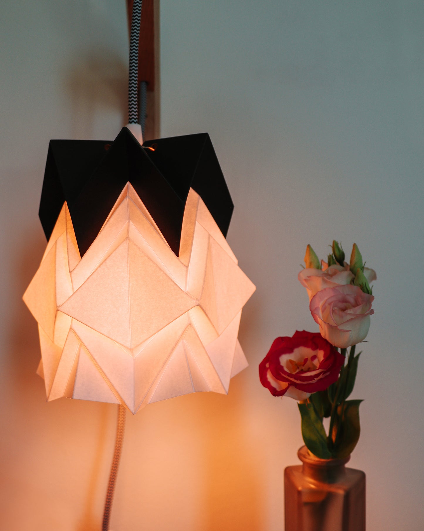 Origami Wall Lighting Fixture - Wooden Bracket With Small Bicolore Paper Pendant Light