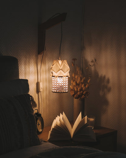 Wooden wall light and small pendant light in Paper and Rattan Canework