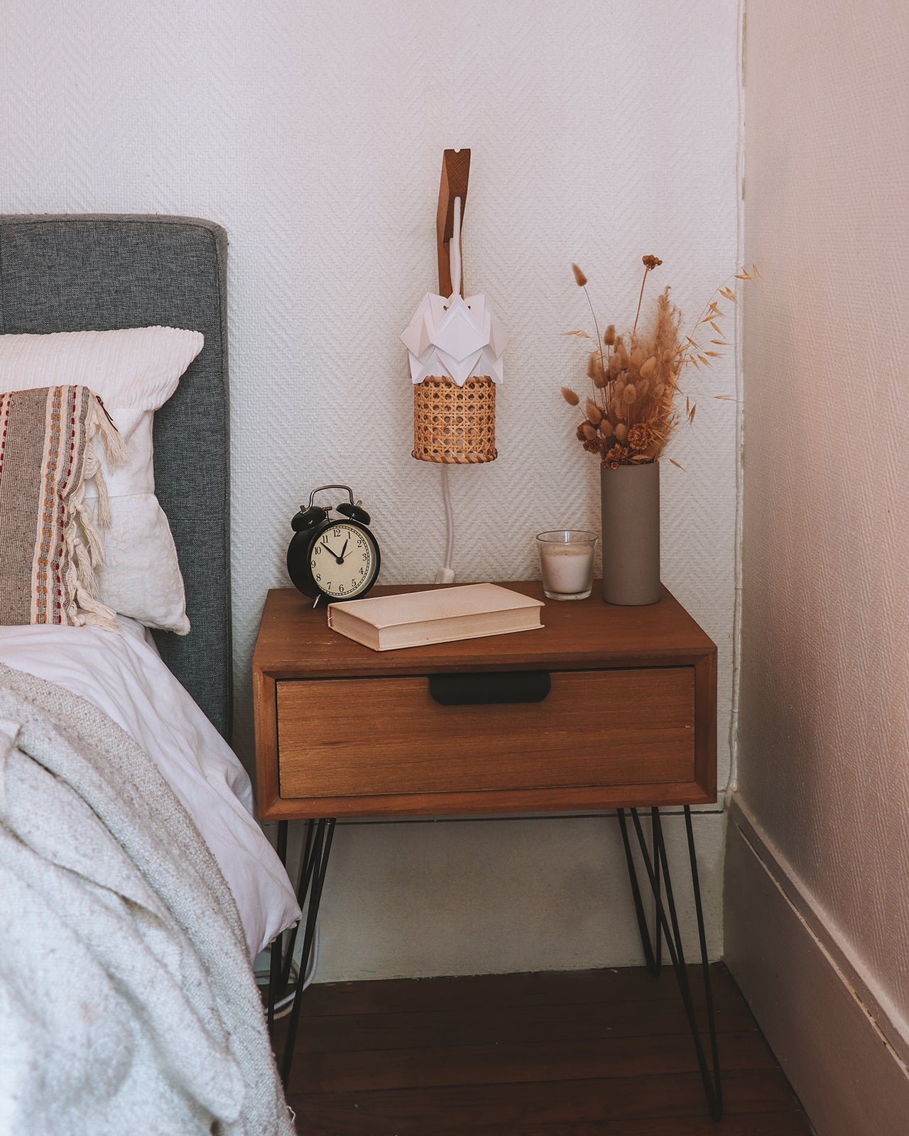 Wooden wall light and small pendant light in Paper and Rattan Canework
