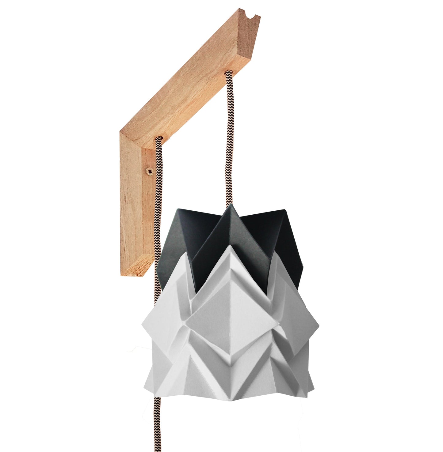 Origami Wall Lighting Fixture - Wooden Bracket With Small Bicolore Paper Pendant Light